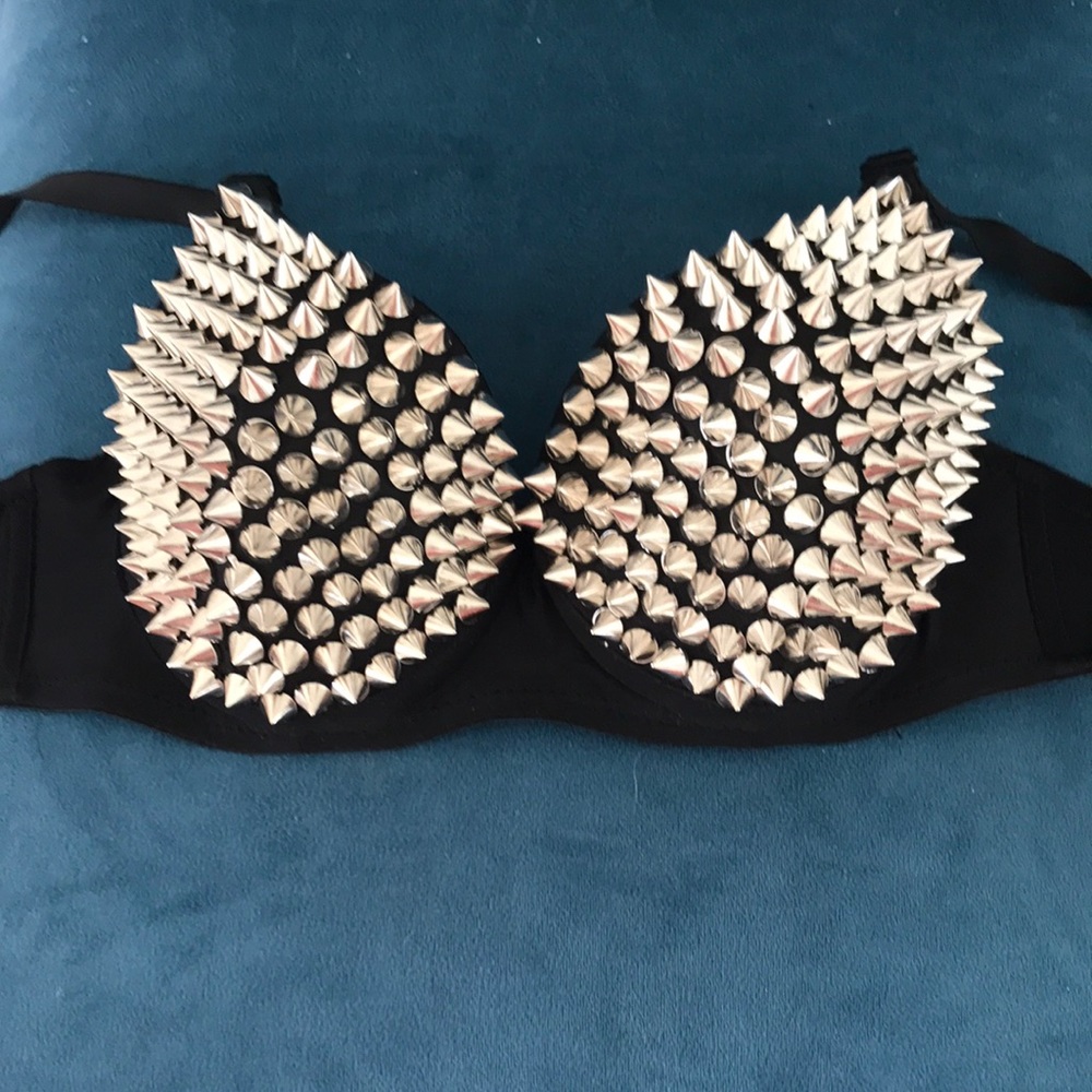 Silver spiked black push up bra
